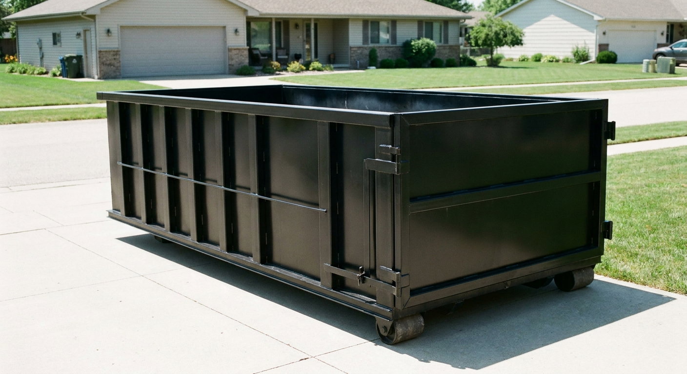Matte-black 10-yard roll-off dumpster on a residential concrete driveway in Baton Rouge, uniformly painted matte black across every panel and rail, ribbed steel sidewalls and rear swing door visible, mid-day daylight.