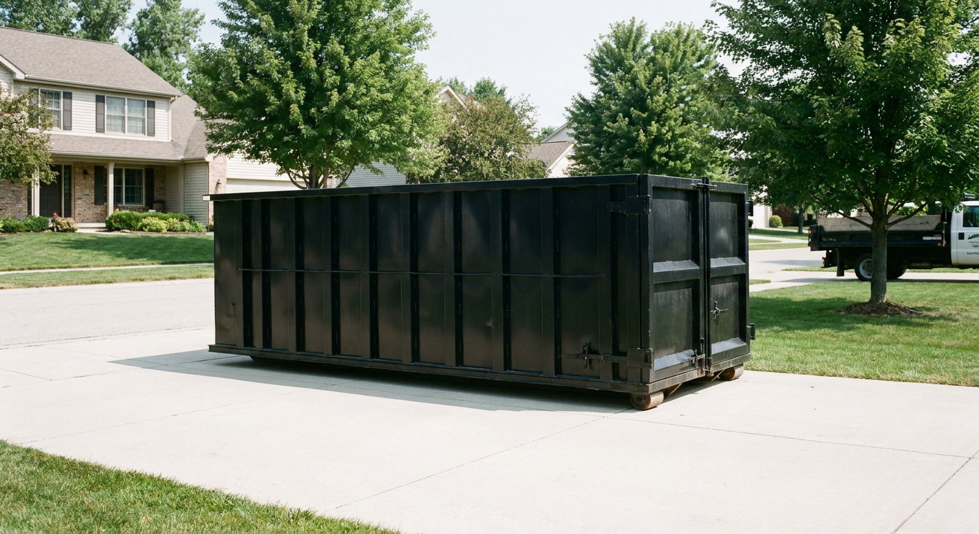 Matte-black 20-yard roll-off dumpster sitting level on a clean Baton Rouge residential concrete driveway under bright daylight, demonstrating clean placement directly on the concrete.