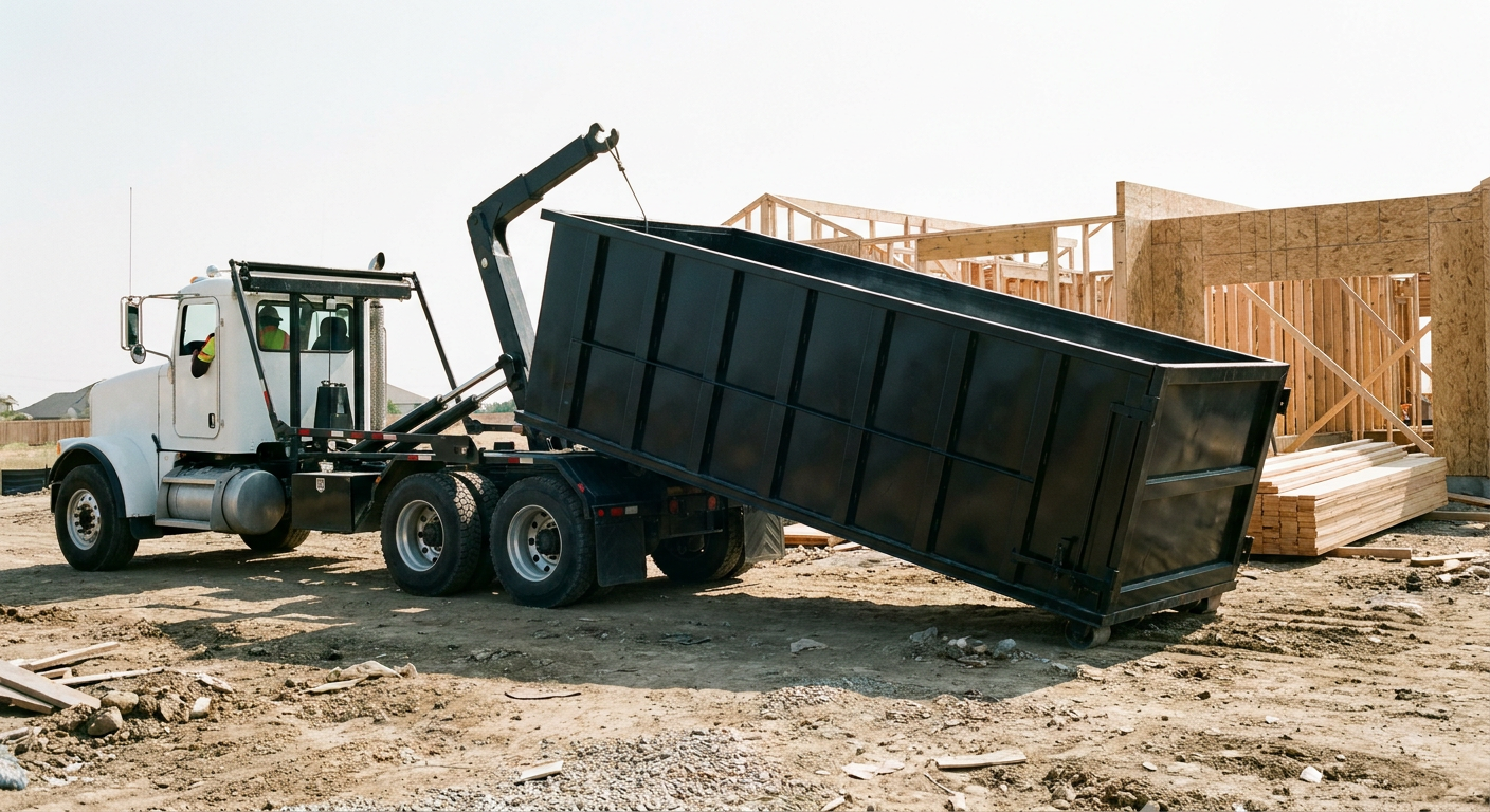 Matte-black roll-off dumpster being delivered onto a clean residential concrete driveway in Baton Rouge by an unmarked white hooklift hauler truck, bright morning daylight, documentary 35mm perspective.